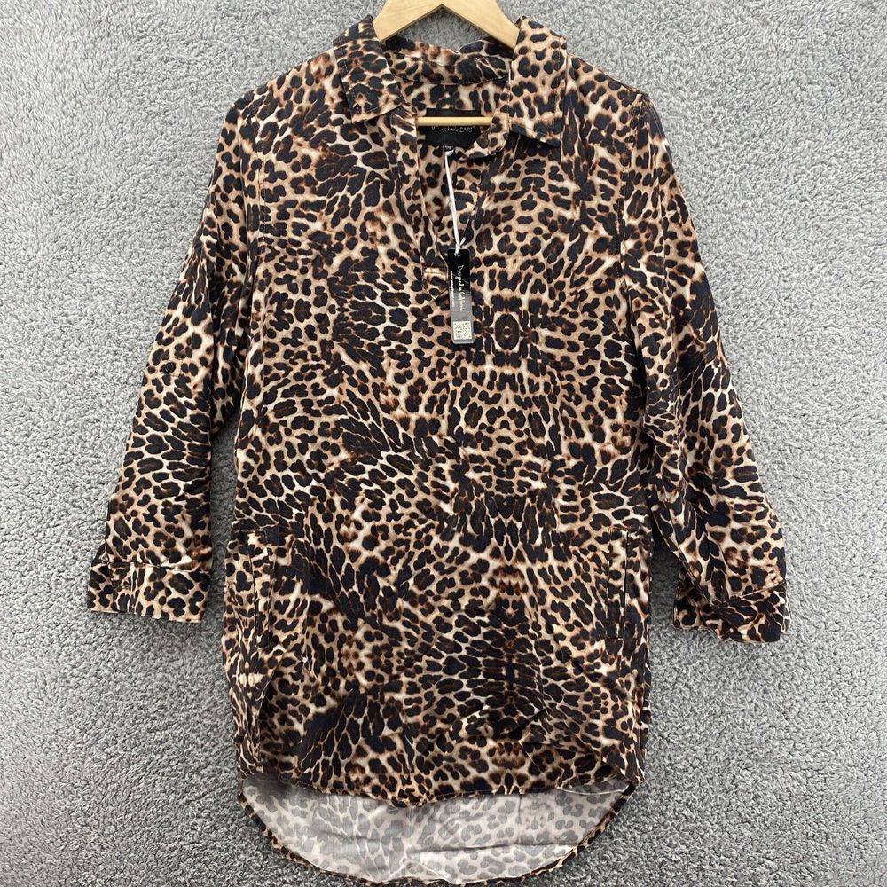 Velvet Heart Top Womens S Leopard Print Roll Tab Sleeves Pockets 100% Tencel NWT